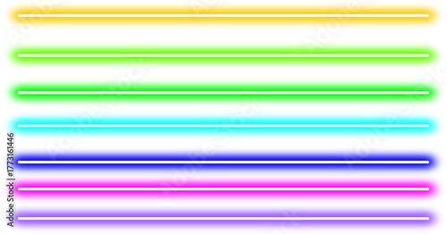 A vibrant collection of seven colorful glowing neon light tubes arranged horizontally on a white background.