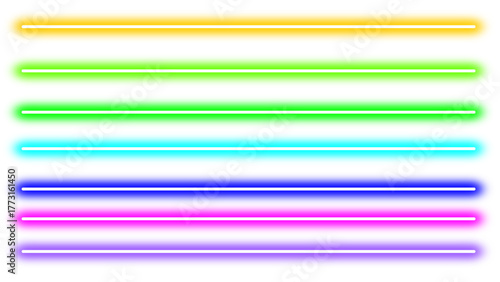A vibrant collection of seven colorful neon light tubes arranged horizontally on a white background.
