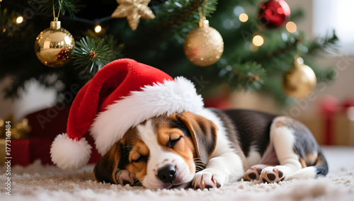 Cute puppy wearing a Santa hat sleeping under a decorated Christmas tree soft focus and natural light