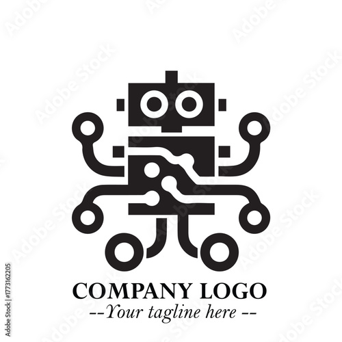 Circuit Robot Logo Symbol in Black on the White Background with Futuristic Tech Design
