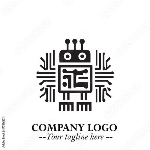 Circuit Robot Logo Symbol in Black on the White Background with Futuristic Tech Design
