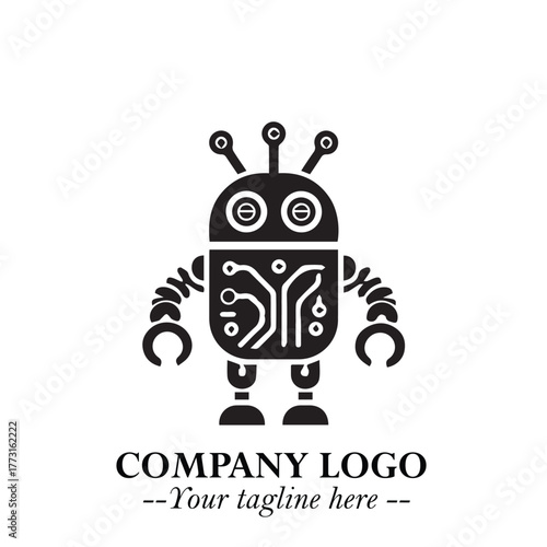 Circuit Robot Logo Symbol in Black on the White Background with Futuristic Tech Design
