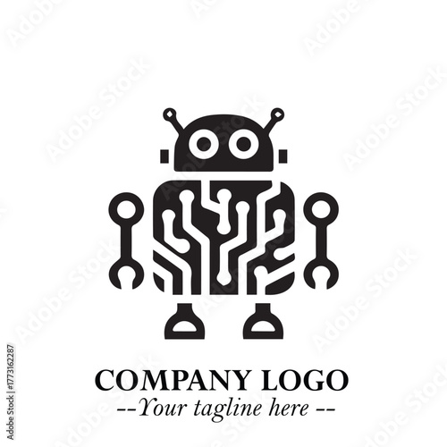 Circuit Robot Logo Symbol in Black on the White Background with Futuristic Tech Design
