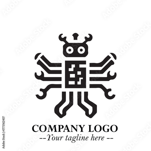 Circuit Robot Logo Symbol in Black on the White Background with Futuristic Tech Design
