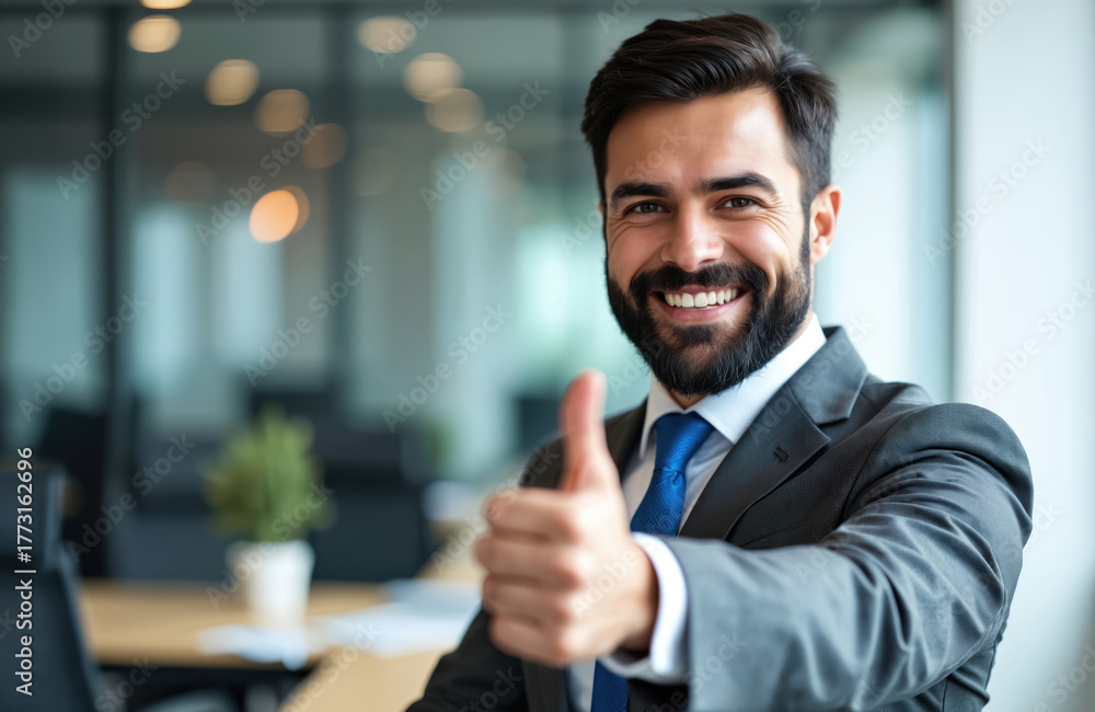 Fototapeta premium Smiling businessman with beard gives thumbs up. Confident man in business suit and blue tie shows approval gesture. He stands in modern office with glass walls and wooden table.