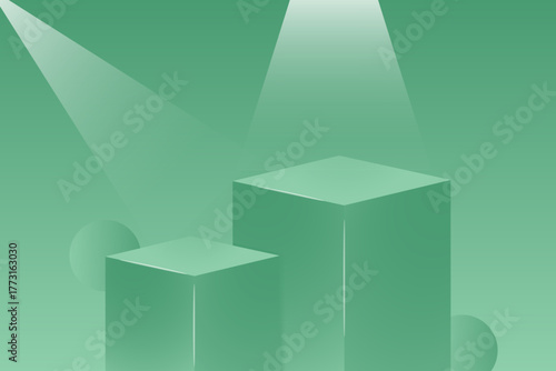 Two-tiered cuboid pedestals in fresh mint green illuminated by intersecting spotlights.