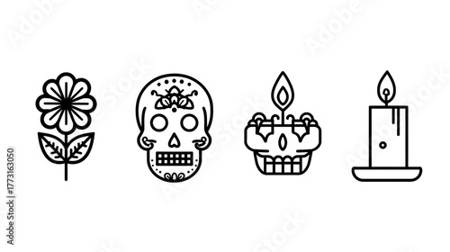 A set of simple, clean line-art icons for Day of the Dead elements.
