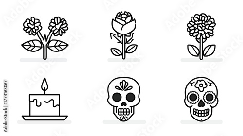 A set of simple, clean line-art icons for Day of the Dead elements.