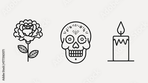 A set of simple, clean line-art icons for Day of the Dead elements.
