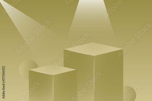 Two-tiered cuboid pedestals in warm gold/tan illuminated by intersecting spotlights.