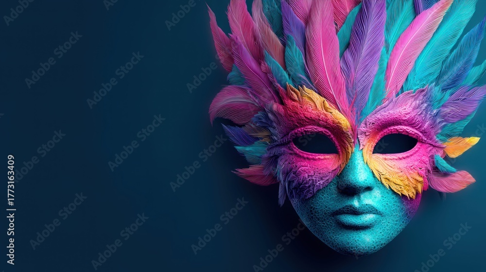 Fototapeta premium Colorful Venetian mask with feathers on a dark background for Mardi Gras