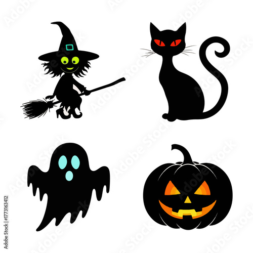 Halloween Silhouette Icons Set  Witch, Cat, Ghost, Pumpkin