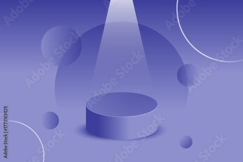 Minimalist cylindrical podium in bluish-purple with a spotlight and abstract geometric shapes.