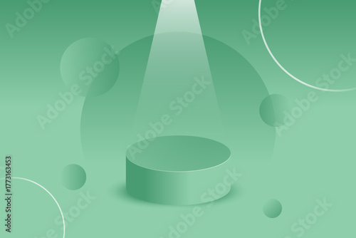 Minimalist cylindrical podium in mint green with a spotlight and abstract geometric shapes.