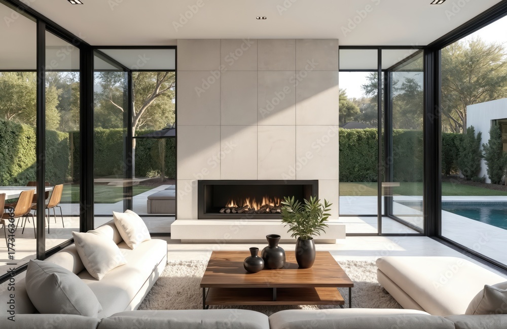 Obraz premium Contemporary living room with expansive glass windows overlooking rich garden, swimming pool. Large stone fireplace dominates space, paired with neutral sofa, dark wood coffee table. Scene embodies