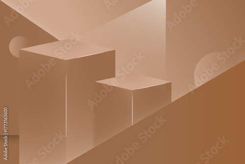 Two-tiered geometric display with rectangular blocks in warm, monochromatic brown/orange hues.