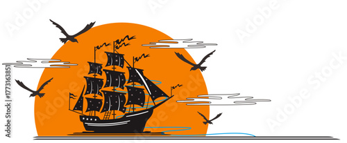 Sailboat silhouette and full moon view. Vector sailboat silhouette with beach view and sea scribbles.