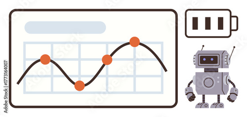 Robot evaluating trend graph with data points, accompanied by battery level icon. Ideal for AI, analytics, automation, technology, robotics, data processing energy efficiency. Simple flat metaphor