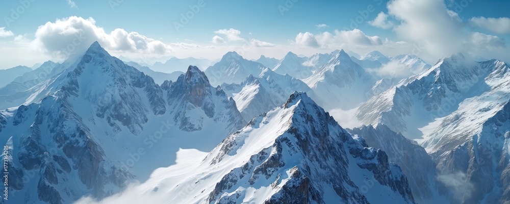 Obraz premium Aerial view of snow covered mountains. Rocky peaks with snow. Blue sky with clouds. Mountain range landscape. High elevation terrain. Snowy peaks in distance. Majestic rugged landscape.
