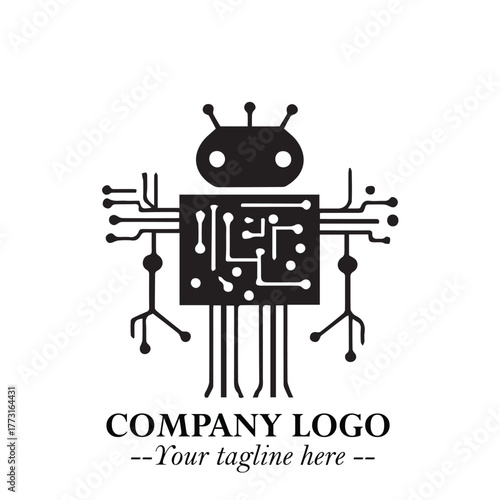 Circuit Robot Logo Symbol in Black on the White Background with Futuristic Tech Design
