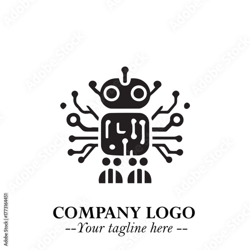 Circuit Robot Logo Symbol in Black on the White Background with Futuristic Tech Design
