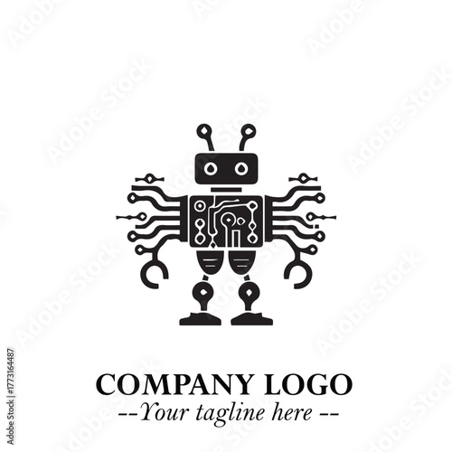 Circuit Robot Logo Symbol in Black on the White Background with Futuristic Tech Design
