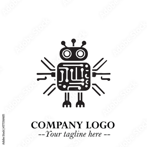 Circuit Robot Logo Symbol in Black on the White Background with Futuristic Tech Design
