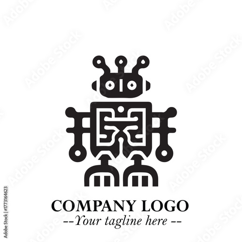 Circuit Robot Logo Symbol in Black on the White Background with Futuristic Tech Design
