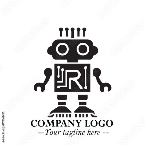 Circuit Robot Logo Symbol in Black on the White Background with Futuristic Tech Design
