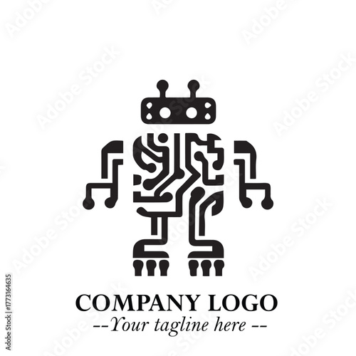 Circuit Robot Logo Symbol in Black on the White Background with Futuristic Tech Design
