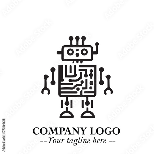 Circuit Robot Logo Symbol in Black on the White Background with Futuristic Tech Design

