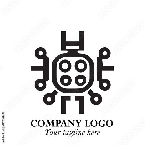 Circuit Robot Logo Symbol in Black on the White Background with Futuristic Tech Design
