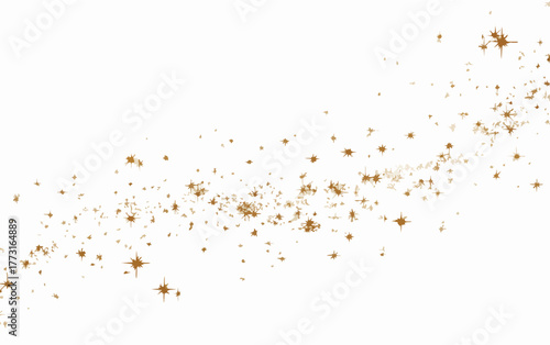 Uma trilha cintilante de partículas douradas e estrelas brilhantes flutua magicamente em um fundo branco, ideal para designs festivos e encantadores.