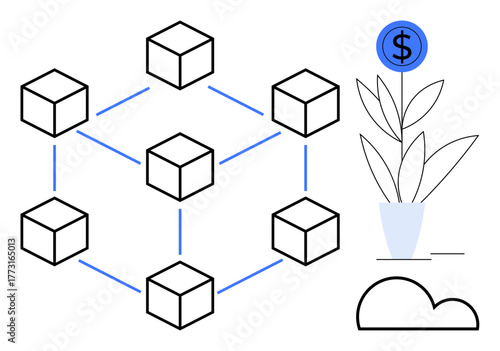 Networked cubes connected symbolizing blockchain, plant with dollar sign growth concept, cloud element below. Ideal for technology, finance, innovation, cloud storage, decentralization, growth