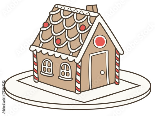 Gingerbread house on white plate decorated with colorful icing and candies. This gingerbread house is a festive centerpiece perfect for holiday celebrations.