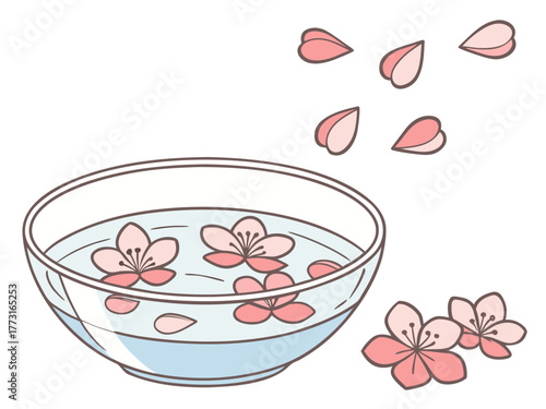 Elegant glass bowl with water and cherry blossom petals, delicate blooms floating on calm surface. Fresh cherry blossom petals drift down, enhancing peaceful ambiance.
