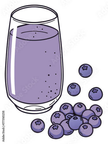 Refreshing glass of blueberry juice with fresh blueberries on white background. Blueberry juice showcases vibrant color and healthy ingredients with scattered blueberries.