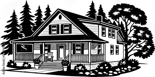 Charming farmhouse with inviting porch surrounded by tall trees and greenery. This farmhouse features detailed woodwork, classic architecture, and a cozy atmosphere