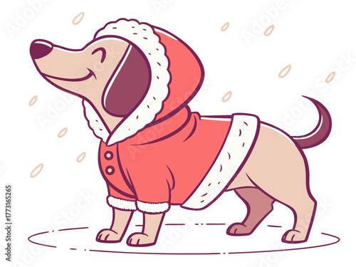 Happy dog in winter coat enjoying snowfall with joyful expression. Dog wearing cozy red and white jacket stands happily against falling snowflakes. Concept of winter fun with adorable pet fashion.