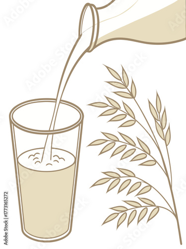 Oat milk being poured into a glass with oat plant illustration. Oat milk is creamy beverage served in clear glass with bubbles and pouring action.