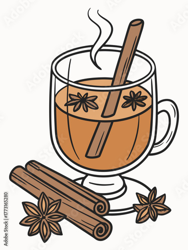 Hot cider with cinnamon sticks and star anise in clear glass cup. Warm drink prepared with spices creates cozy atmosphere. Perfect hot cider concept for autumn gatherings and seasonal events.