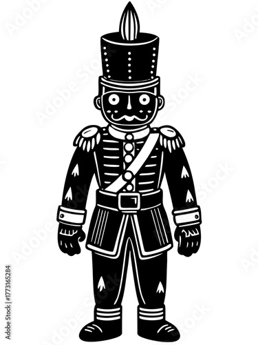Christmas toy soldier illustration in black and white with detailed military uniform and cheerful expression.