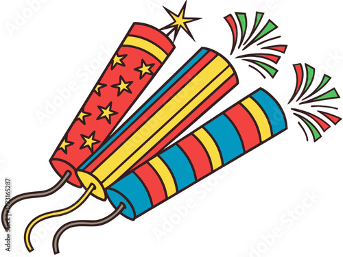 Festive firecrackers in vibrant colors with spark and explosion effects. Firecracker display features bright red, yellow, and blue designs, surrounded by colorful smoke.