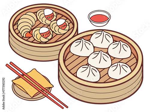 Dim sum served in bamboo trays with assorted dumplings and dipping sauce on the side. Dim sum includes fluffy bao buns and shrimp dumplings, creating perfect sharing experience for gatherings.
