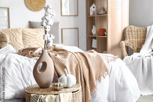 Comfortable bed, wicker tab...