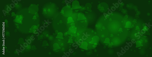 Abstract dark green background with numerous glowing bell shapes and soft bokeh lights, creating a festive and celebratory atmosphere for holidays or digital alerts.
