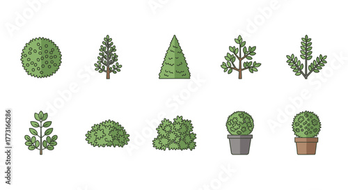 Stylized Trees and Bushes Flat Icons, Garden Design Elements