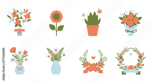 Floral collection of bouquets vases and wreaths for spring decoration concept