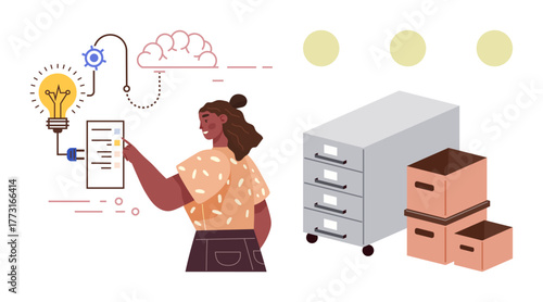 Woman interacting with digital screen, cloud and lightbulb symbolizing ideas, gears for process. Filing cabinet and boxes suggest organization, storage, workflow. Ideal for innovation, productivity