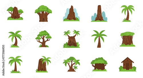 Set of stylized cartoon trees and house isolated on a white background
